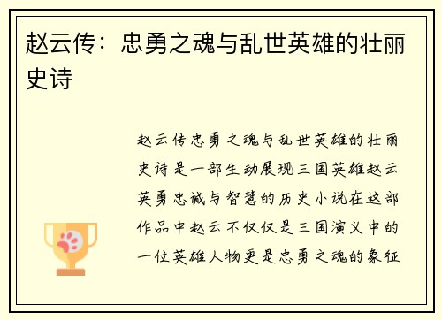 赵云传：忠勇之魂与乱世英雄的壮丽史诗
