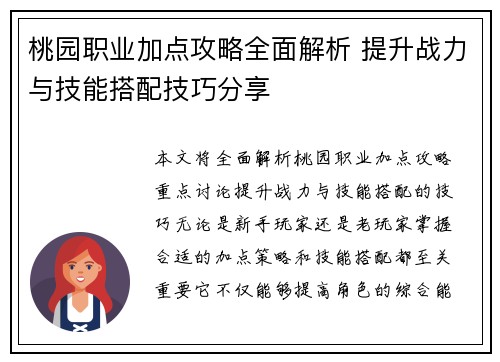 桃园职业加点攻略全面解析 提升战力与技能搭配技巧分享